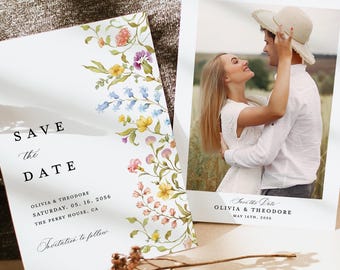 Boho Wildflower Save The Date Cards Template, Photo Colorful Wedding Save The Dates, Floral Elegant Garden Save Our Date Cards, Download