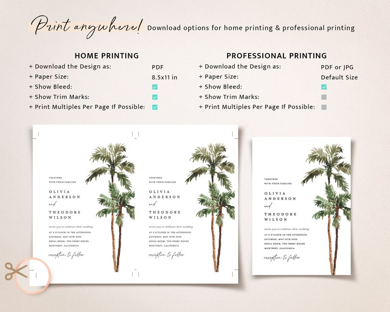 Palm Tree Wedding Invitation Template Set, Destination Beach Tropical Wedding Invite Suite, Boho Sage Details Card, Printable RSVP, Download image 7