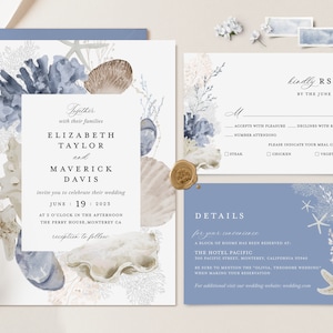 Beach Wedding Invitation Template Set, Ocean Blue Wedding Invite Suite, Boho Nautical Wedding, Sea Shell Destination Details, RSVP, Download