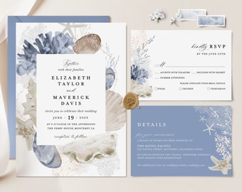 Beach Wedding Invitation Template Set, Ocean Blue Wedding Invite Suite, Boho Nautical Wedding, Sea Shell Destination Details, RSVP, Download