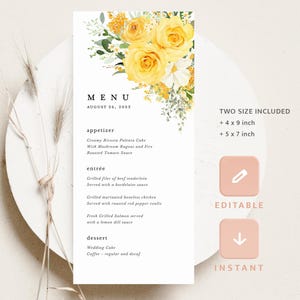 Szablon karty menu weselnego z żółtymi kwiatami, menu przyjęcia boho, do wydrukowania, edytowalne, eleganckie menu kolacji z dzikimi kwiatami i szałwią, do pobrania