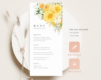 Yellow Floral Wedding Menu Cards Template, Boho Reception Menu, Printable Editable Elegant Wildflower Garden Sage Rose Dinner Menu, Download