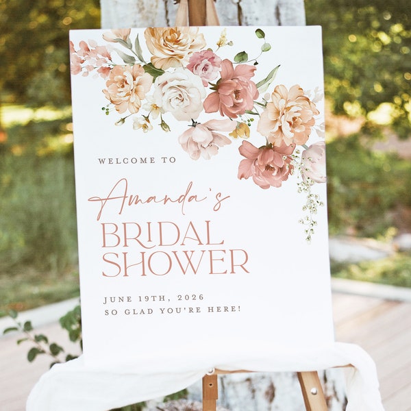 Bridal Shower Welcome Sign Template, Boho Floral Dusty Rose Editable Bridal Brunch Sign, Elegant Blush Pale Pink Welcome Sign, Download