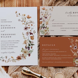 Terracotta Wedding Invitation Template Set, Boho Wildflower Wedding Invite Suite, Modern Elegant Floral Burnt Orange Details, RSVP, Download image 1