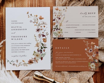 Terracotta Wedding Invitation Template Set, Boho Wildflower Wedding Invite Suite, Modern Elegant Floral Burnt Orange Details, RSVP, Download