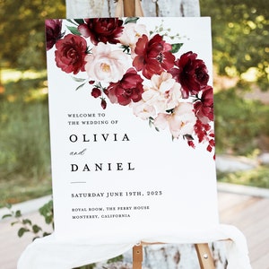 Burgundy Blush Wedding Welcome Sign Template, Boho Floral Rose Reception Decor Sign, Printable Marsala Maroon Large Signage, Download