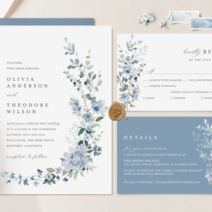 Dusty Blue Wedding Invitation Template Set, Boho Wildflower Wedding Invite Suite, Elegant Floral Light Steel Blue Details, RSVP, Download