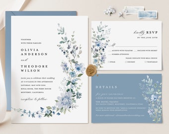 Dusty Blue Wedding Invitation Template Set, Boho Wildflower Wedding Invite Suite, Elegant Floral Light Steel Blue Details, RSVP, Download