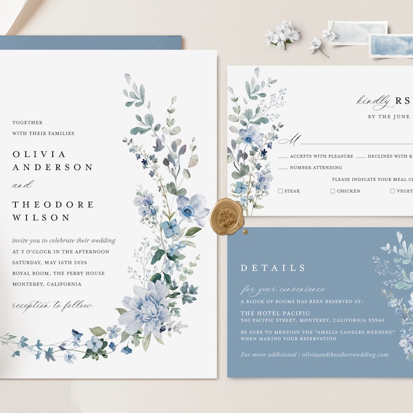 Dusty Blue Wedding Invitation Template Set, Boho Wildflower Wedding Invite Suite, Elegant Floral Light Steel Blue Details, RSVP, Download