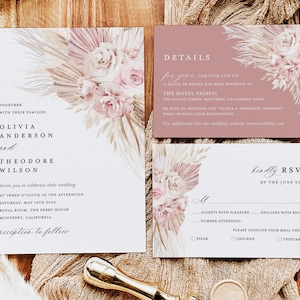 Blush Pink Wedding Invitation Template Set, Boho Floral Wedding Invite Suite, Dusty Rose Pampas Details, Printable Elegant RSVP, Download