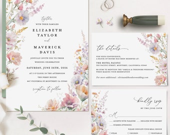 Boho Wildflower Wedding Invitation Template Set, Pastel Colorful Wedding Invite Suite, Garden Whimsical Blush Yellow Lilac Details, RSVP