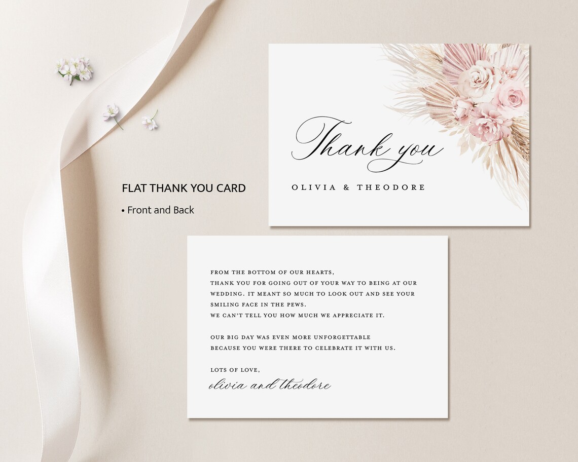 Blush Pink Wedding Thank You Card Template, Boho Floral Thank You Note ...