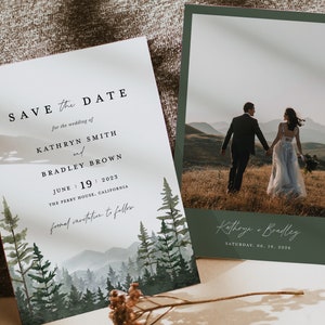 Berg Save The Date Vorlage, Waldfoto Hochzeit Save The Dates, Forest Pine Hochzeitsdatum, druckbare rustikale Sage Save The Date Karten