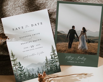 Mountain Save The Date Template, Woodland Photo Wedding Save The Dates, Forest Pine Wedding Date, Printable Rustic Sage Save The Date Cards