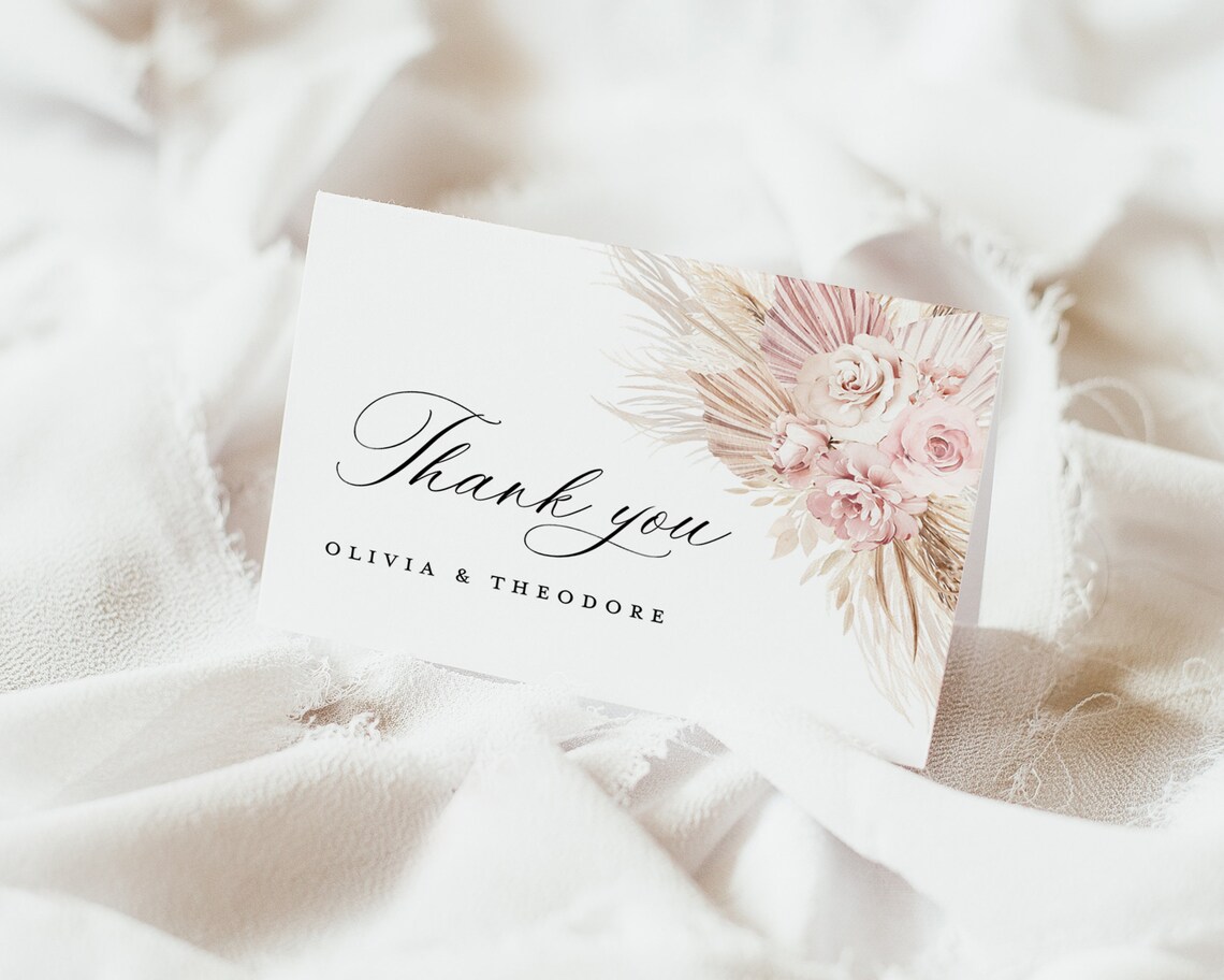 Blush Pink Wedding Thank You Card Template, Boho Floral Thank You Note ...