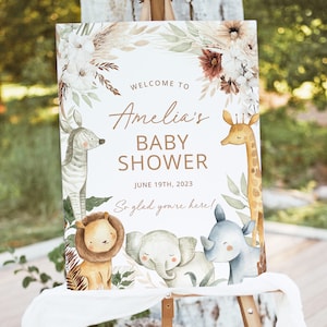 Boho Safari Baby Shower Willkommensschild Vorlage, bearbeitbares Dschungeltier Baby Shower Sign, Floral Pampas Beige Sage Willkommensplakat, Download