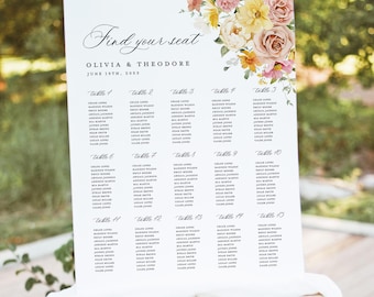 Colorful Pastel Wedding Seating Chart Sign Template, Floral Printable Pink Yellow Large Guest Seating Chart, Boho Spring Table Seating Board