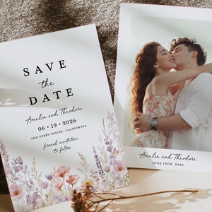 Modèle de cartes "Retenez cette date" lilas rose fleurs sauvages, photo mariage bohème lavande, réservez vos dates, vieux rose poudré floral cartes de réservation