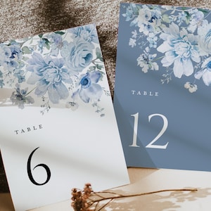 Dusty Blue Wedding Table Number Card Template, Steel Blue Floral Boho Table Numbers, Elegant Modern Printable Table Number Cards, Livia