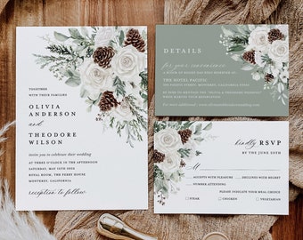 Winter Sage Green Wedding Invitation Template Set, White Floral Wedding Invites Suite, Boho Rustic Forest Pine Rose RSVP Details Card