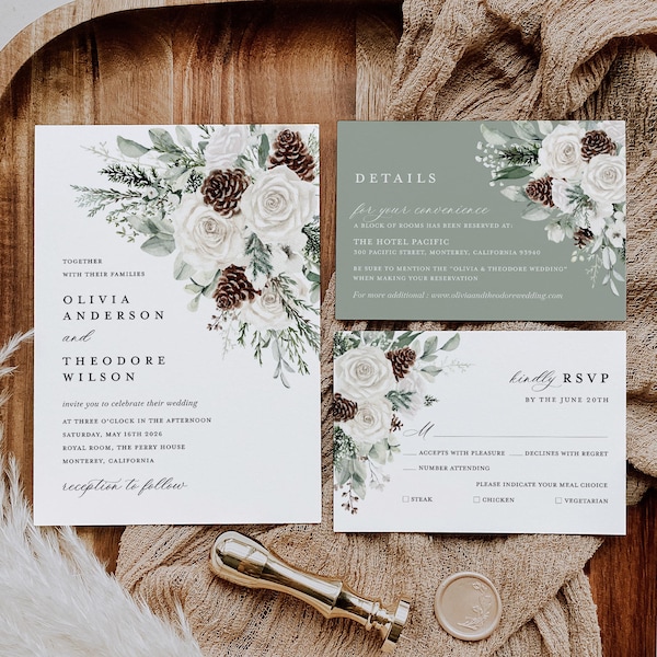 Winter Sage Green Wedding Invitation Template Set, White Floral Wedding Invites Suite, Boho Rustic Forest Pine Rose RSVP Details Card