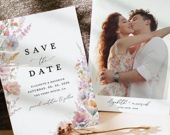 Boho Wildflower Save The Date Cards Template, Photo Pastel Colorful Wedding Save The Dates, Garden Blush Yellow Lilac Save Our Date Cards