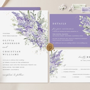Modèle de suite de faire-part de mariage lavande, ensemble d'invitations lilas, carte de détails Boho floral sauge verdure, imprimable RSVP jardin, téléchargement