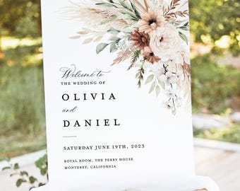 Boho Wedding Welcome Sign Template, Terracotta Sage Sign, Modern Elegant Floral Pampas Reception Decor Sign, Printable Large Signage