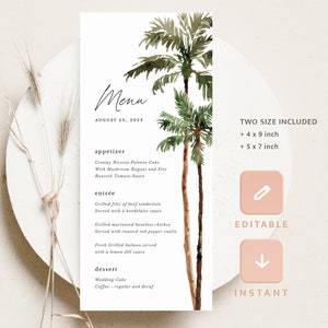 Plantilla de tarjetas de menú de boda de palmeras, menú de recepción de salvia tropical, menú de cena de playa de destino verde boho imprimible, descarga instantánea