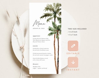 Plantilla de tarjetas de menú de boda de palmeras, menú de recepción de salvia tropical, menú de cena de playa de destino verde boho imprimible, descarga instantánea