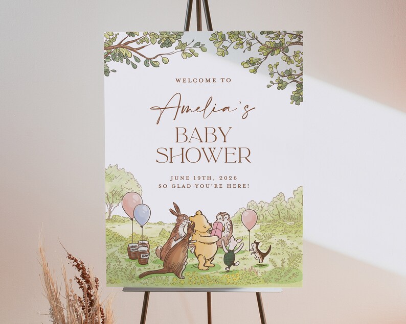 Puede incluir: Un cartel de bienvenida para un baby shower con tem&aacute;tica de Winnie the Pooh con un borde de hojas verdes y marrones. El cartel dice "Bienvenido al Baby Shower de Amelia 19 de junio de 2026 &iexcl;Encantados de que est&eacute;s aqu&iacute;!" y presenta a Winnie the Pooh, Piglet, Tigger, Eeyore y Owl.
