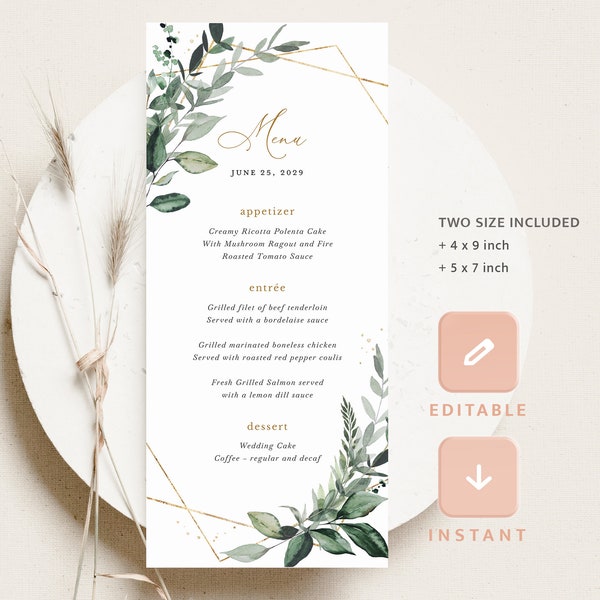 Sage Greenery Wedding Menu Cards Template, Botanical Gold Reception Menu, Printable Elegant Rustic Geometric Dinner Menu, Instant Download