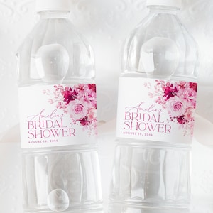 Hot Pink Floral Water Bottle Labels, Bridal Shower Template, Elegant Boho Magenta Fuchsia Favors Labels, Editable Label Sticker, Download