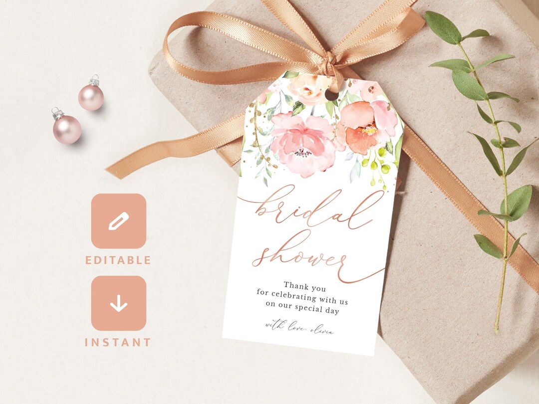 Editable Blush Pink Bridal Shower Favor Tags Template Floral Rose Gold ...