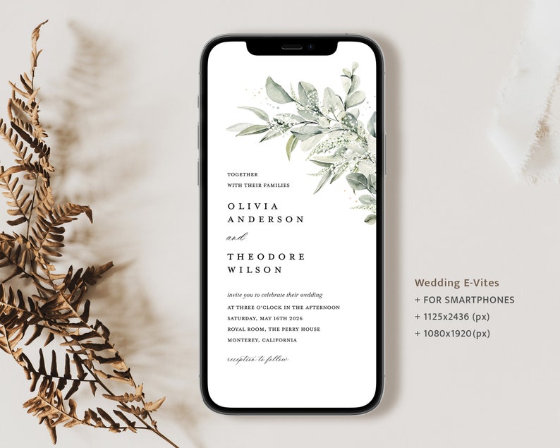 Invitación mínima electrónica, Sage Green Boho Evite, plantilla de invitación de iPhone de boda de eucalipto, invitación editable de teléfono inteligente digital, Cloe imagen 1