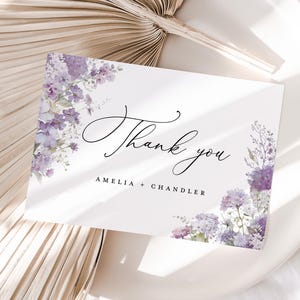 Modèle de carte de remerciement mariage lavande lilas, carte de remerciement floral bohème, jardin de fleurs violettes modifiable merci marque de place de table, téléchargement