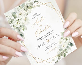 Plantilla de invitación de boda con flores blancas geométricas, tarjeta de invitación de boda dorada y blanca, elegantes invitaciones verde salvia, imprimibles, Elena
