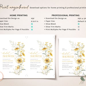 May include: Two printable bridal shower invitations with a watercolor floral design featuring yellow sunflowers and green foliage. The text on the invitations reads "bridal shower" and includes the name "Olivia Johnson".