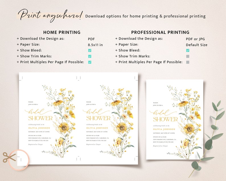 May include: Two printable bridal shower invitations with a watercolor floral design featuring yellow sunflowers and green foliage. The text on the invitations reads "bridal shower" and includes the name "Olivia Johnson".