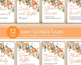 little Cutie Orange Baby Shower Signs Bundle Template, Printable Editable Sign Set, Citrus Gender Neutral Baby Shower Decor Instant Download