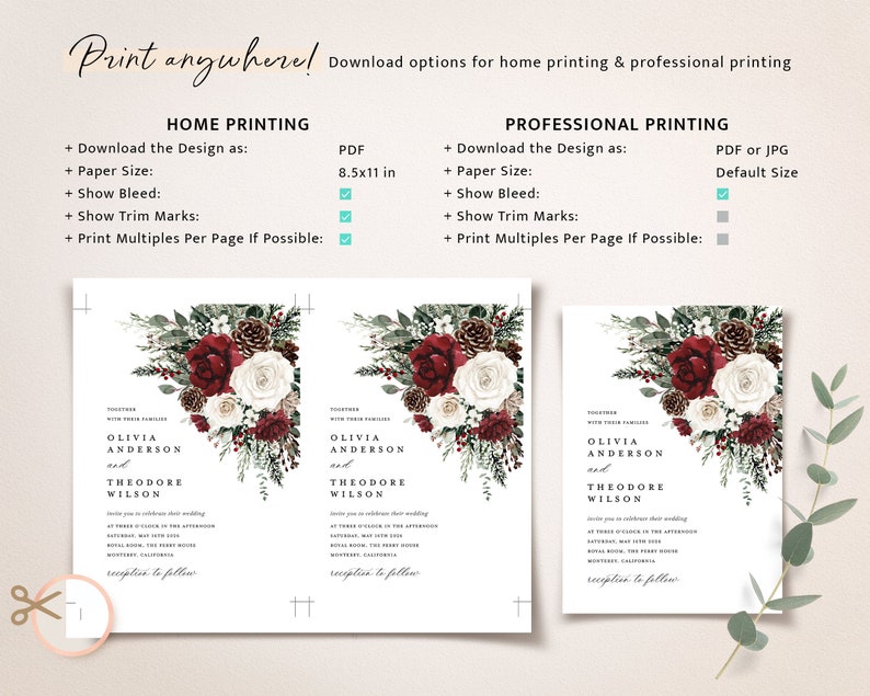 Winter Christmas Wedding Invitation Template Set, Burgundy Floral Wedding Invites Suite, Boho Rustic Forest Pine Rose RSVP Details Card image 8