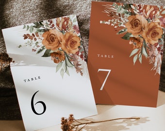 Boho Terracotta Wedding Table Numbers Card Template, Floral Modern Table Numbers, Elegant Burnt Orange Rose Printable Table Number Cards