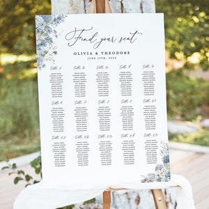 Stoffige blauwe bruiloft zitplaatsen grafiek sjabloon, afdrukbare Boho Floral grote gast zitplaatsen grafiek teken, bewerkbare elegante tuintafel zitplaatsen Board