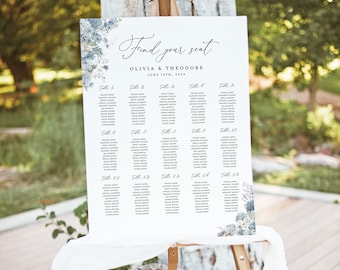 Dusty Blue Wedding Seating Chart Template, Printable Boho Floral Large Guest Seating Chart Sign, Editable Elegant Garden Table Seating Board