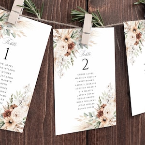 Modèle de cartes de cartes de table de mariage bohème, numéros de Table sauge en terre cuite, pampas florales modifiables suspendus planche de table, téléchargement