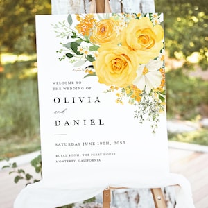 Modello di cartello di benvenuto per matrimonio floreale giallo, cartello di arredamento per ricevimento boho, segnaletica grande stampabile elegante con fiori selvatici, giardino di salvia e rose
