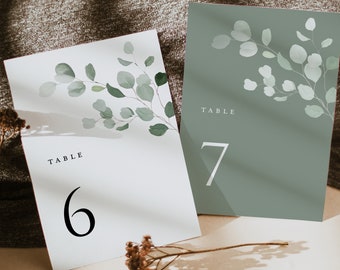 Sage Green Wedding Table Number Card Template, Minimal Eucalyptus Modern Table Numbers, Rustic Greenery Botanical Printable Table Cards