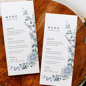 Boho Wedding Menu Cards Template, Dusty Blue Wildflower Reception Menu ...