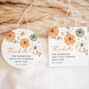 Little Pumpkin Thank You Favors Tags Template Baby Shower Editable Tag, Printable Fall Rustic Shower Round Circle Square Tags, Download image 1