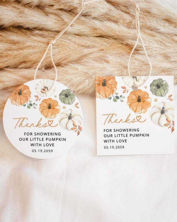 Little Pumpkin Thank You Favors Tags Template Baby Shower Editable Tag, Printable Fall Rustic Shower Round Circle Square Tags, Download